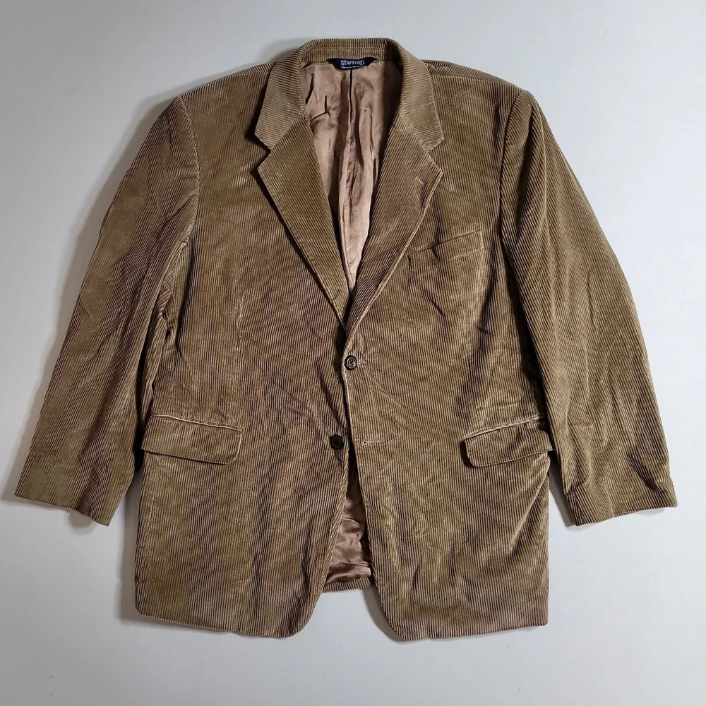 Stafford‎ Corduroy Blazer Mens 46R Tan Brown 100% Cotton Sport Coat Classic Fit